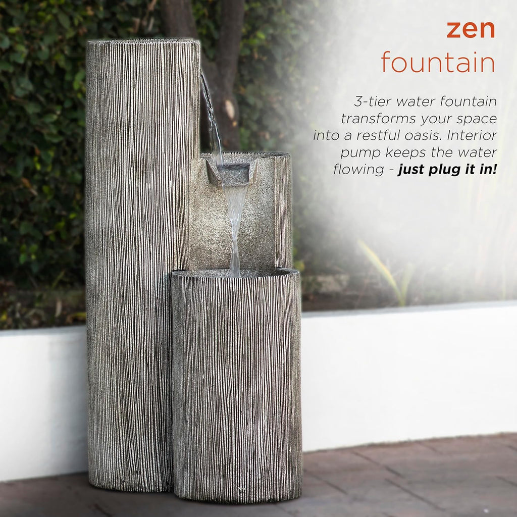 41” Outdoor 3-Tiered Weathered Stone Water Fountain with Natural Stone Look - Garden Water Feature Decoration, Gray