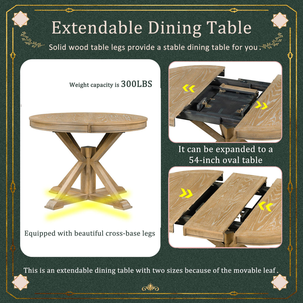 Extendable Dining Table, 42"-54" Length Retro Solid Wood Table with X-Shaped Base and Butterfly Leaf Kitchen, Natural