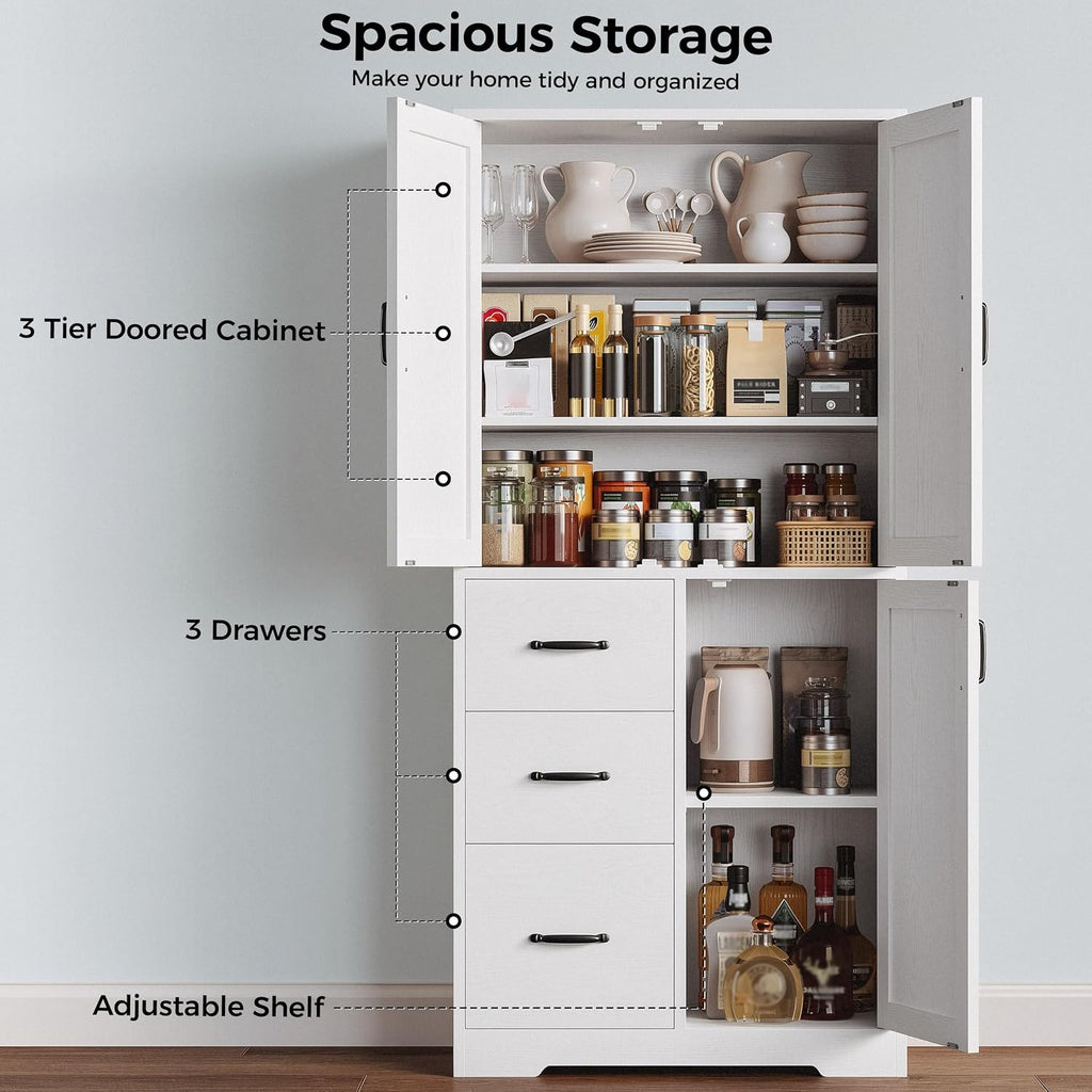 Pantry Cabinet, Kitchen Storage Cabinet with 3 Door & Drawer, White | Adjustable Shelf. 67.5inch Tall. 5 Tier