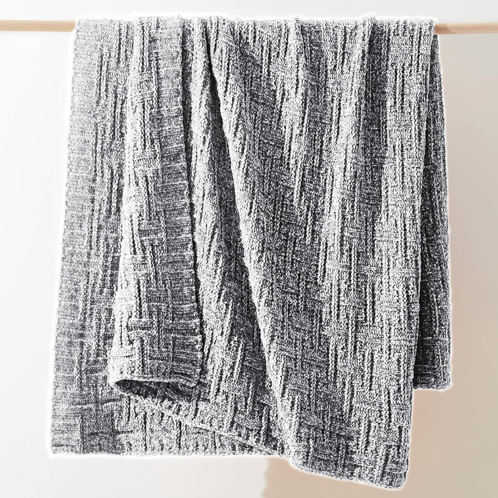Dark Grey Chenille Knit Throw Blanket, Cozy Soft Cable Knitted Blankets, Warm Chenille Knitted Blanket for All