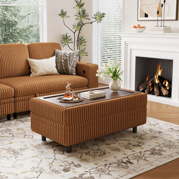 Sectional Sleeper Sofa Storage Ottoman Bench, Convertible Coffee Table Plush Corduroy Couch Ottoman Footstool