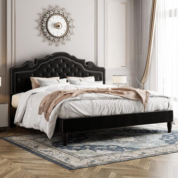 King Bed Frame with Adjustable Velvet Tiara Headboard, Upholstered Diamond Button Tufted Platform Bed