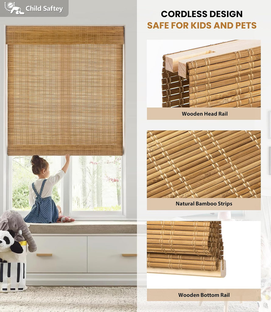 No Drill Bamboo Roman Shades, 34x64, Ceylon Light Russet | Light Filtering Window Treatment, No Tools Cordless Roll