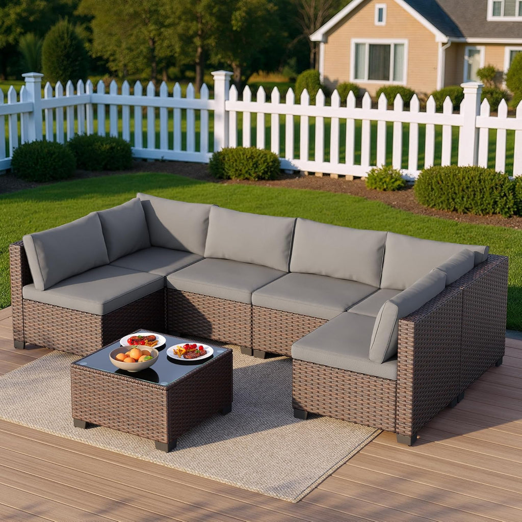 7 Pieces Outdoor Patio Furniture Set, PE Rattan Outdoor Wicker Sectional Furniture Sofa Set, with Cushions and Glass