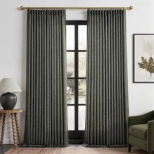 Pinch Pleated Green Linen Curtains Light Filtering 86 Inches Long Drapes,Memory Train Shaped Pleat Curtain and Track