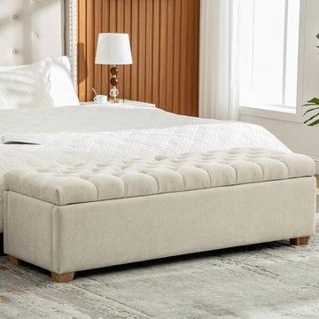60.2" Storage Ottoman Bench Bed End,Beige Chenille Bench with Seating,Button Tufted Ottomans with Storage