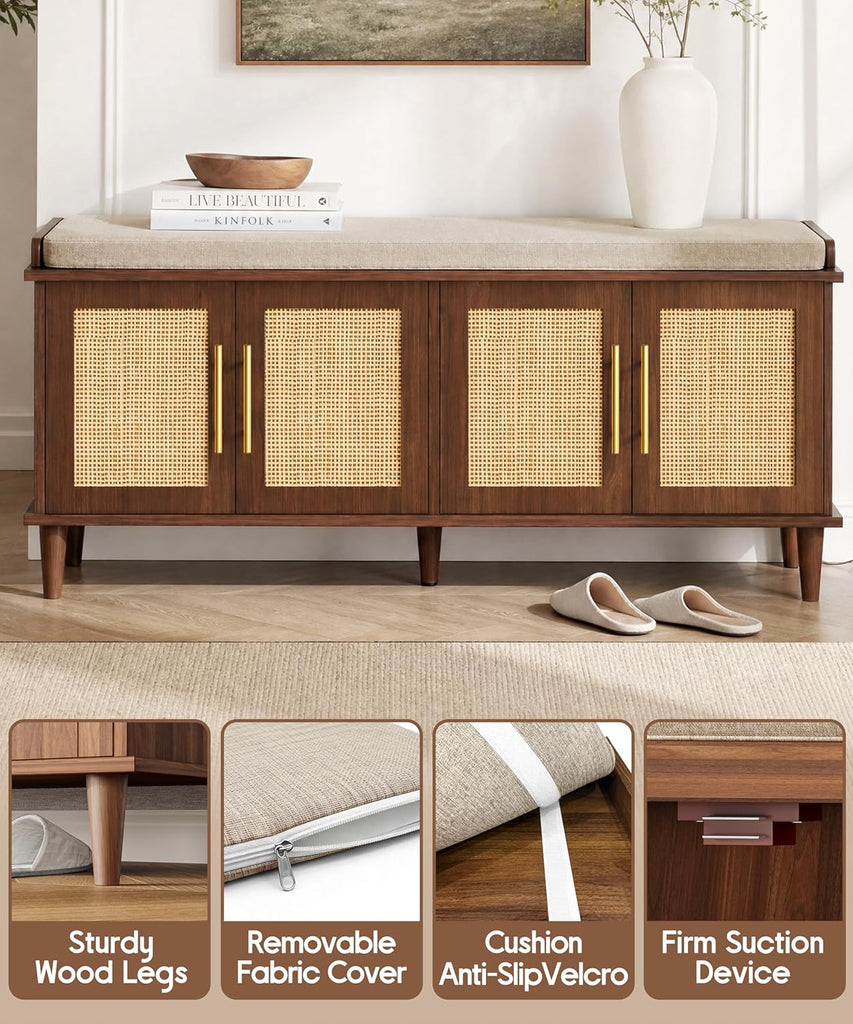 Rattan Shoe Storage Bench with Cushion, 2-Tier Entryway Bench with Adjustable Shelves and 4 Doors, 15" D x 47.2" W x