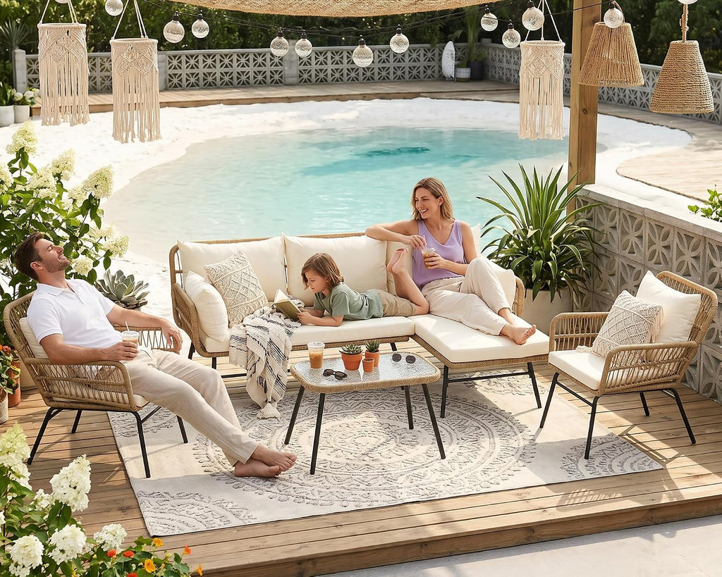 6 Pcs Boho Outdoor Patio Furniture Set, High Back L-Shaped Outdoor Couch with Ice Bucket Table