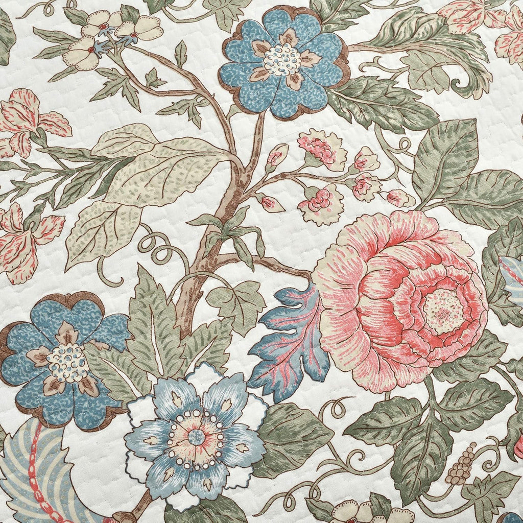 Reversible Cotton Quilt Set, 3 Piece Set, /, Green & Blue - Cotton Bedding Set - Blue Floral Quilt