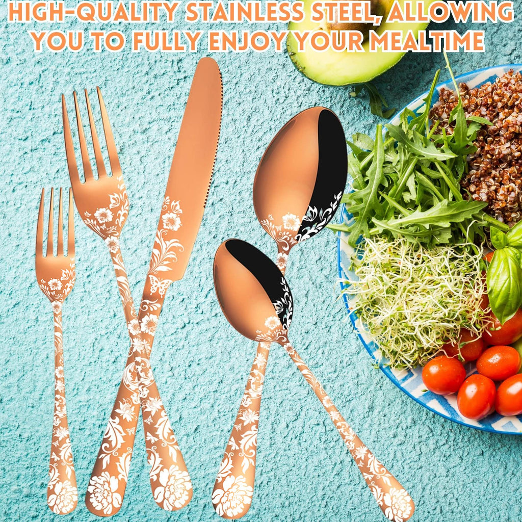 20 piece Peony Flower Pattern Design Silverware Set, Stainless Steel Flatware Set Service for 4, Rose Gold Cutlery