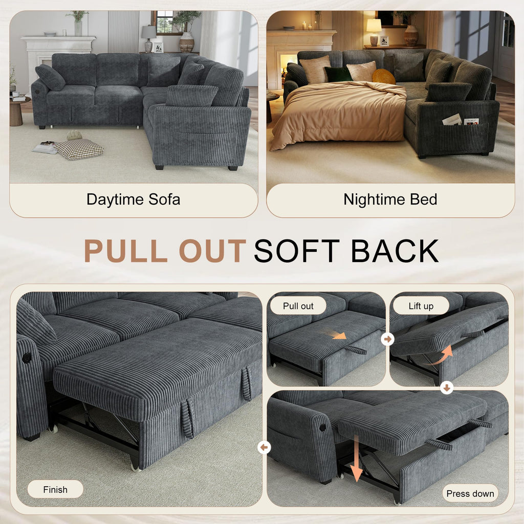 Sectional Sofa with Pull Out Couch Bed, 5 Seats Corduroy Sleeper Sofa with 2 Seat Storage & USB Charging, Comfy L