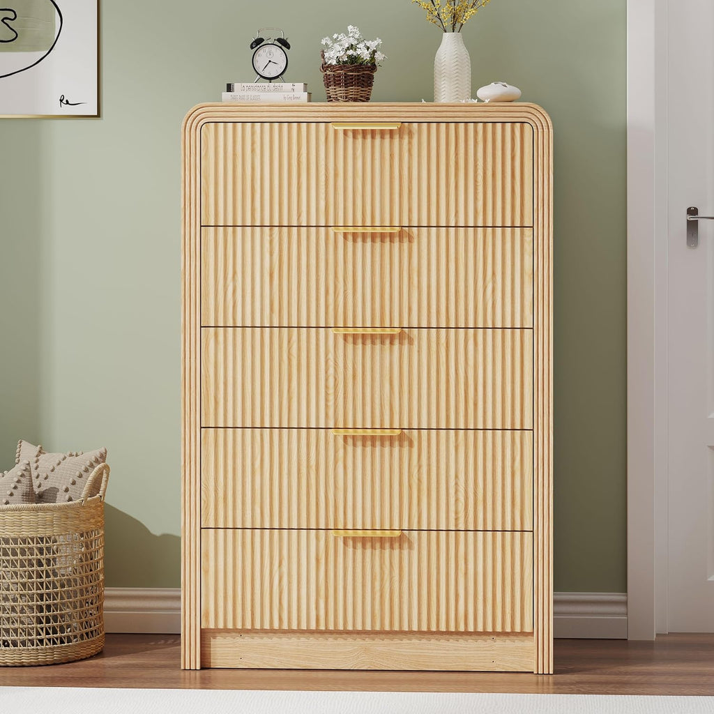 Fluted 5 Drawers Dresser, 48" Tall Modern Chest of Drawers with Round Edge & Metal Handle, Wood Drawer Organizer