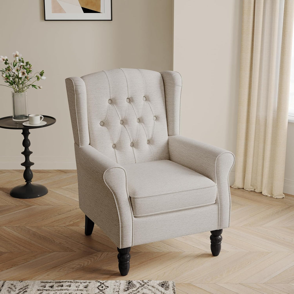 Accent Chair, High Back Upholstered Chair with Button Tufted, Mid-Century Modern Comfy Wingback Chair Reading