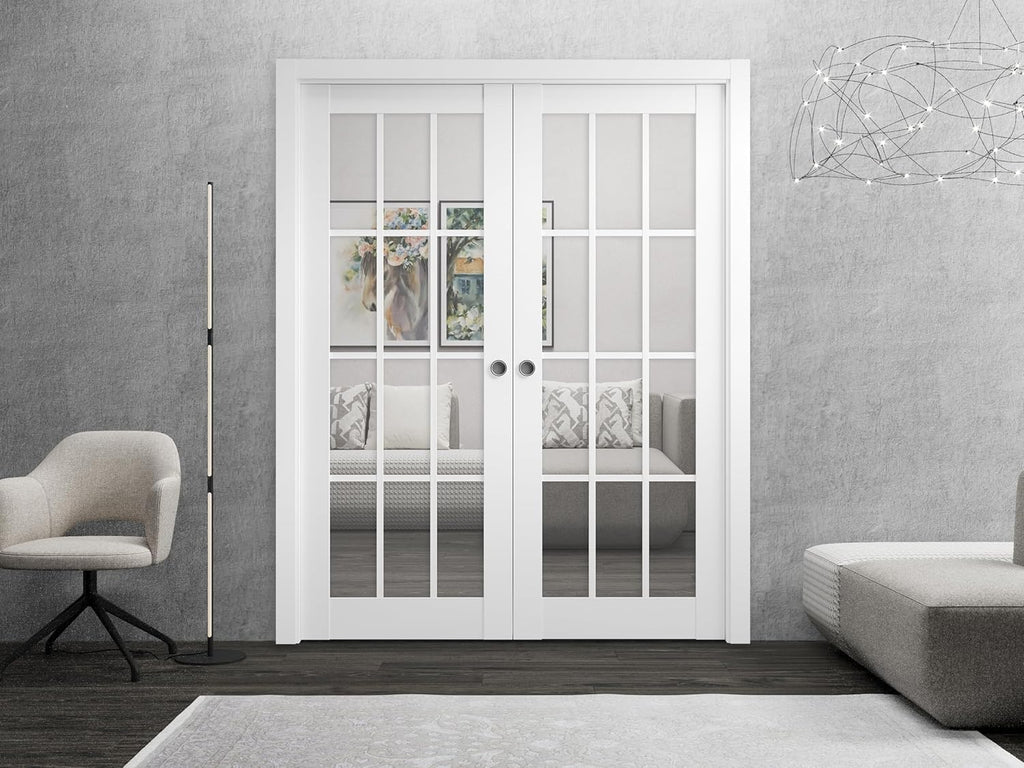 Sliding French Double Pocket Doors 72 x 80 inches Clear Glass 12 Lites| Felicia 3355 Matte White | K