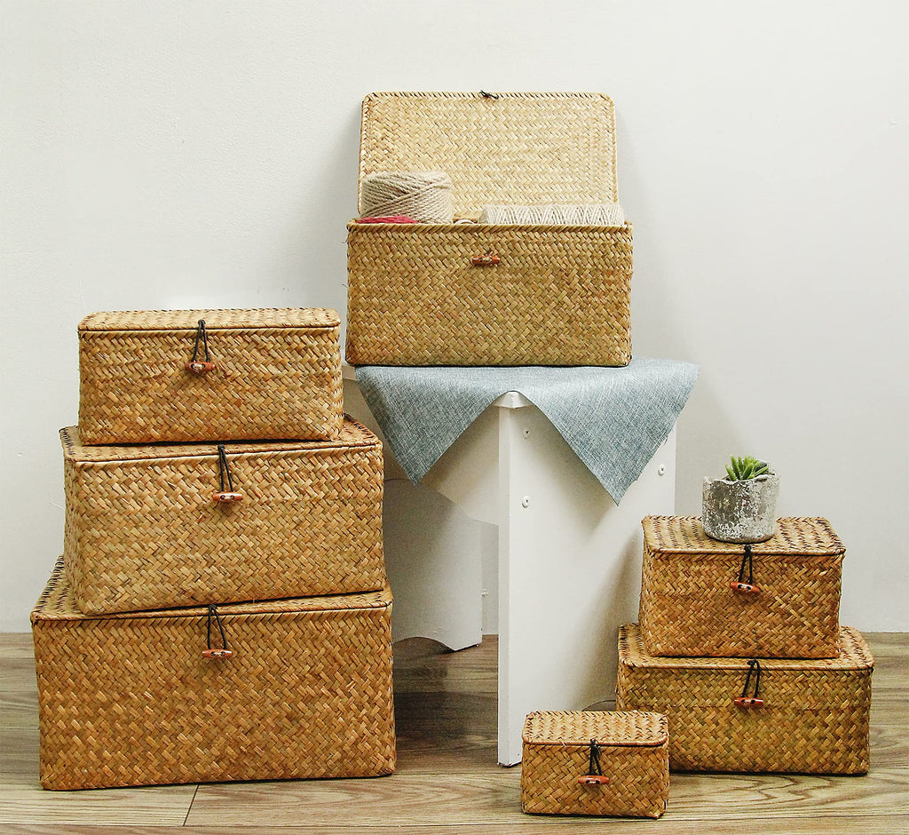 Wicker Shelf Basket with Lids, Seagrass Storage Baskets Bins Rectangular Woven Baskets Boxes for Organizing