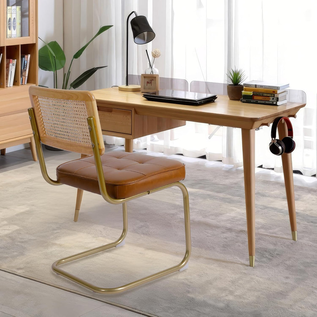 Natural Rattan Dining Chairs Set of 2, Upholstered Faux Leather Kitchen Chairs, Modern Dining Room Chairs with Solid