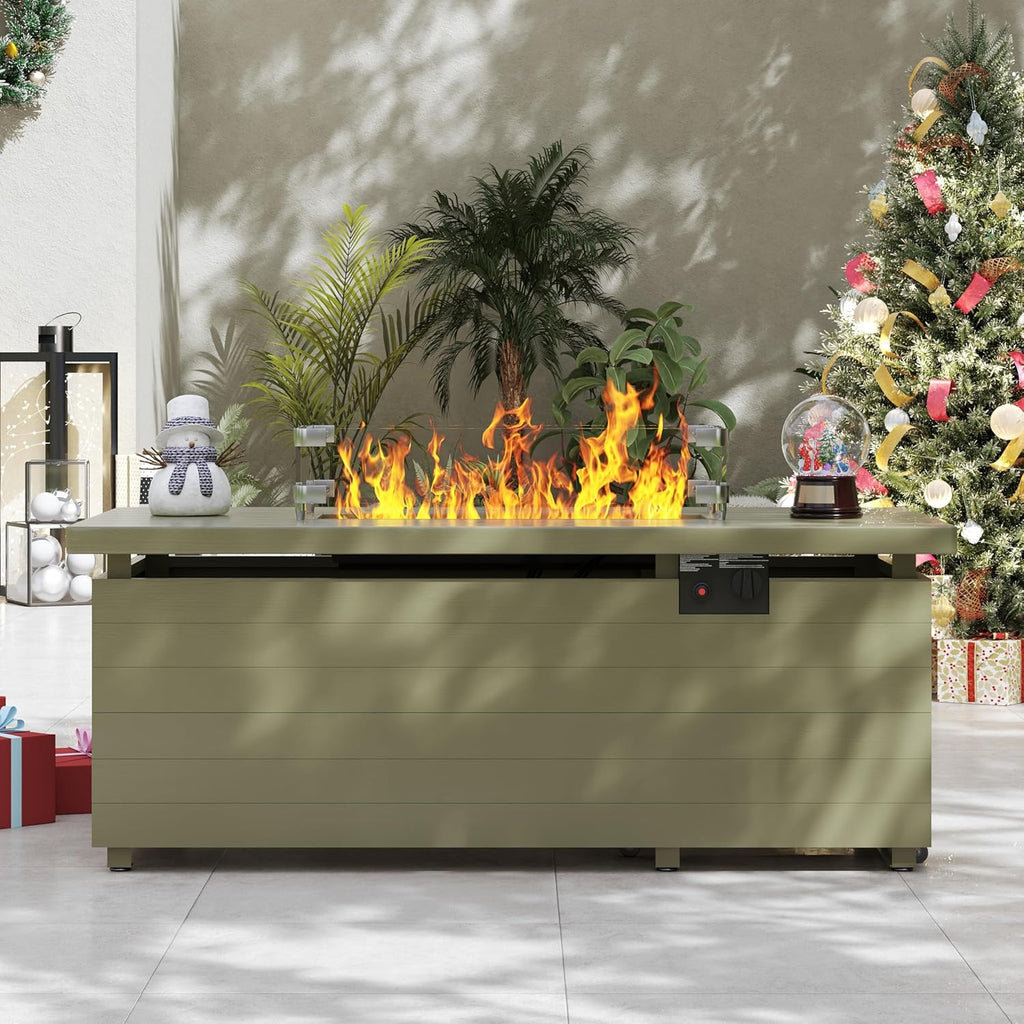 51 Inch Outdoor Fire Pit Table, 50,000BTU Rectangle Propane Fire Pit with Sliding Tank Holder, Glass Wind Guard, Dust Cover, Removable Lid, CSA