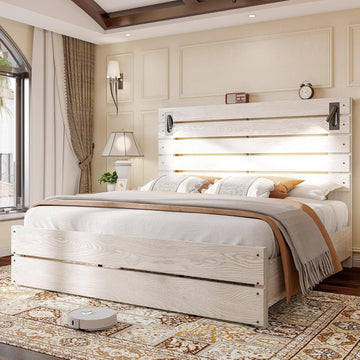 Queen Farmhouse Bed Frame with 51" Barn Door Headboard, LED Reading Lights, Platform Bed Frame with Wood Slats, Under