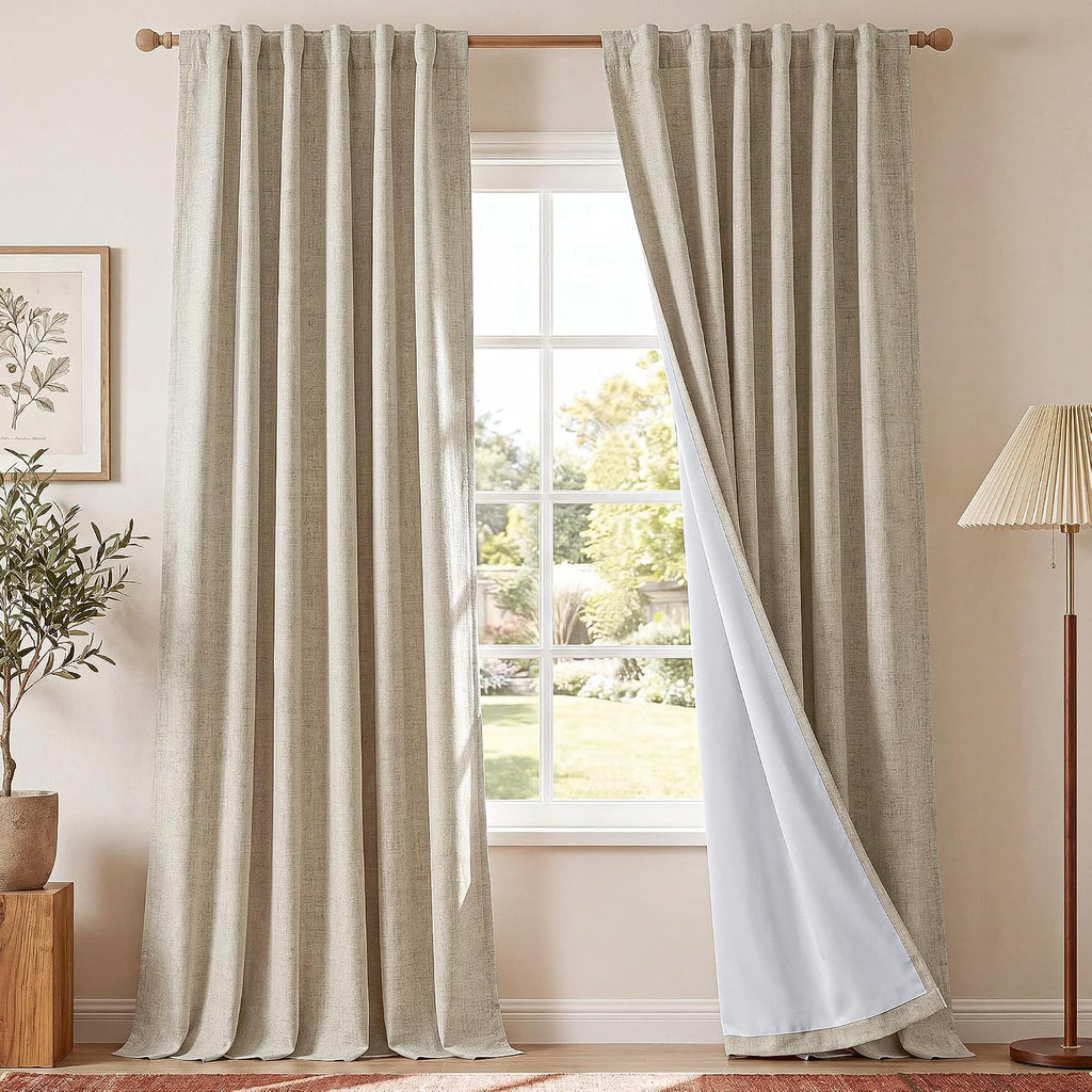 DIY Pinch Pleat Greige 100% Blackout Linen Curtains with Hook Belt, 3-in-1 Hanging Style Heavyweight White Liner