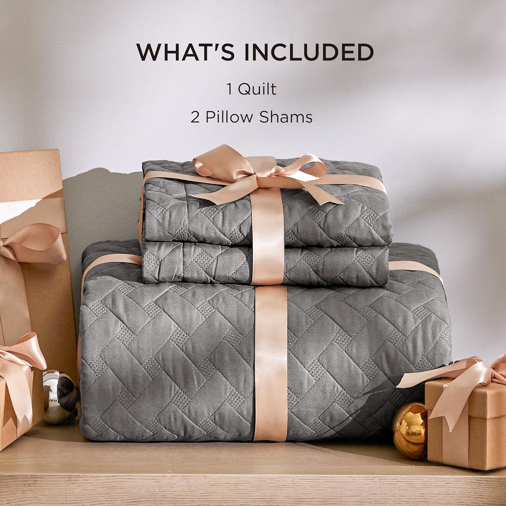 Quilts - Grey Bedspreads with Basket Weave Pattern, Soft Quilt Bedding Set, Lightweight Comforter Set