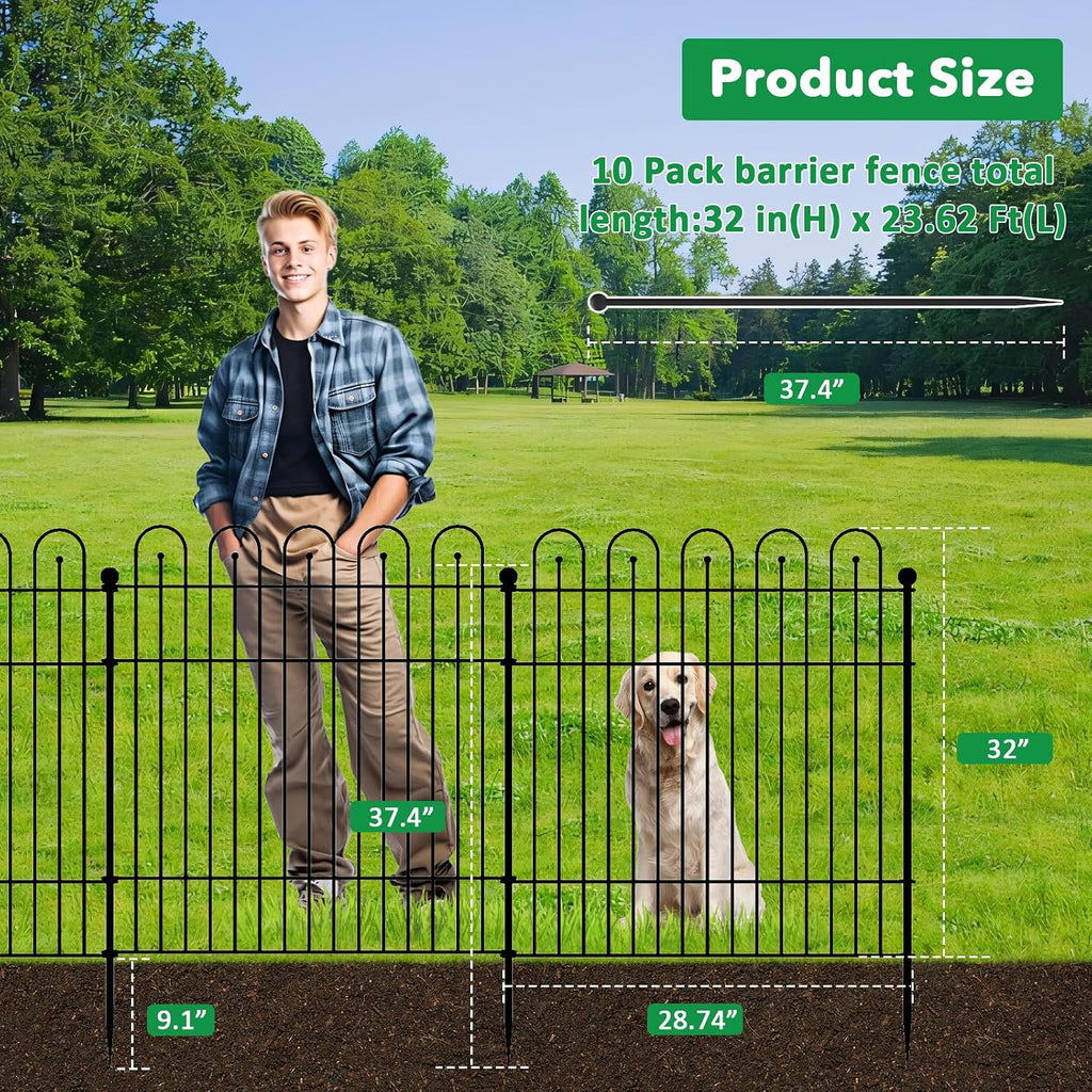 Garden Fence Animal Barrier with Gate, 32 in (H) x23.6ft (L) Decorative Garden Fence, 10 Panels No Dig, Rustproof