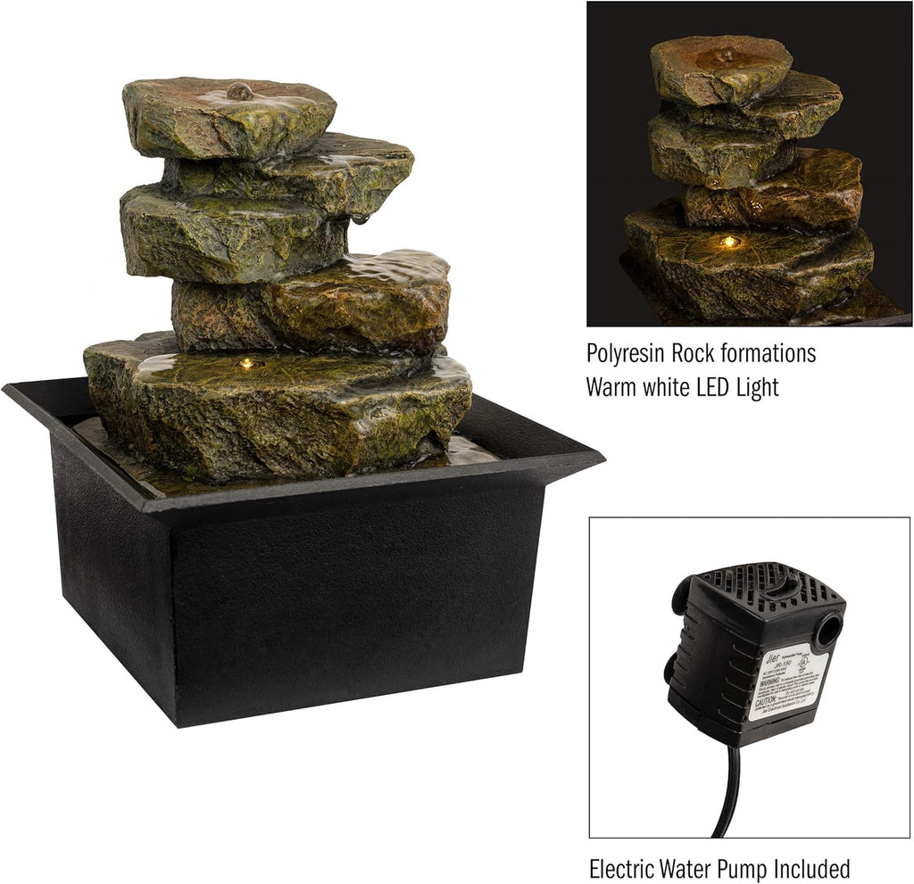Tabletop Water Fountain- 8” Cascading Rock Formation Waterfall with LED Light, Electric Pump & Soothing Sounds Decor