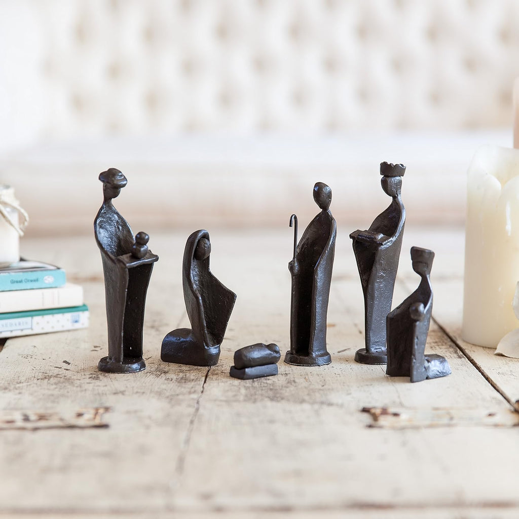 Holiday Home Decor - Christmas Easter Nativity Scene 6-Piece Cast-Iron Metal Figurine Set - The Holy Family and The