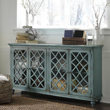 Mirimyn Vintage 69" 4-Door Accent Cabinet with Mirrored Glass and 2 Adjustable Shelves, Antique Blue