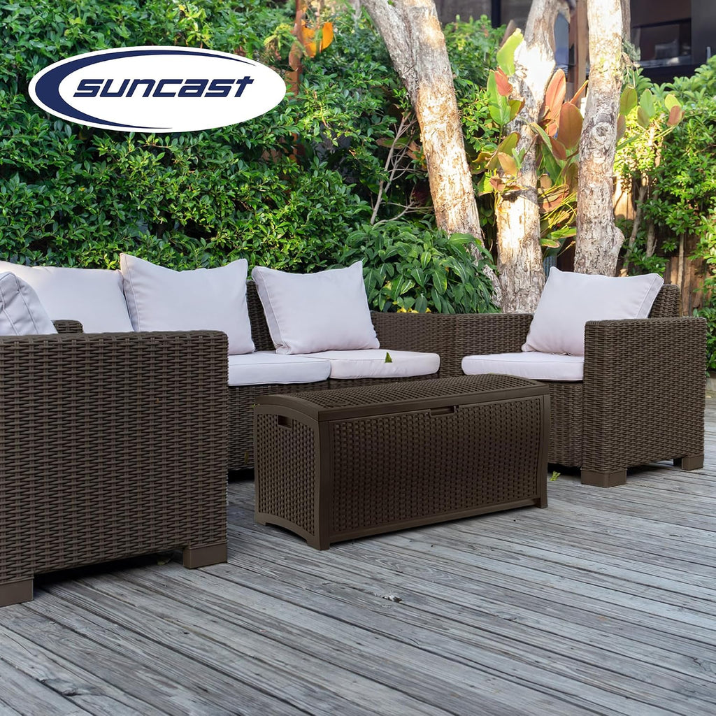 Outdoor Storage Box - 73 Gallon Mocha Brown Deck Box , weather-resistant Outdoor Storage Bench, Resin Wicker Style