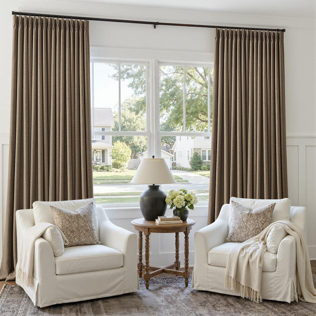 96 Inch Blackout Pinch Pleated Curtains 2 Panel Set Darkening Thick Linen Textured 100% Black Out Drapes 96 Inches