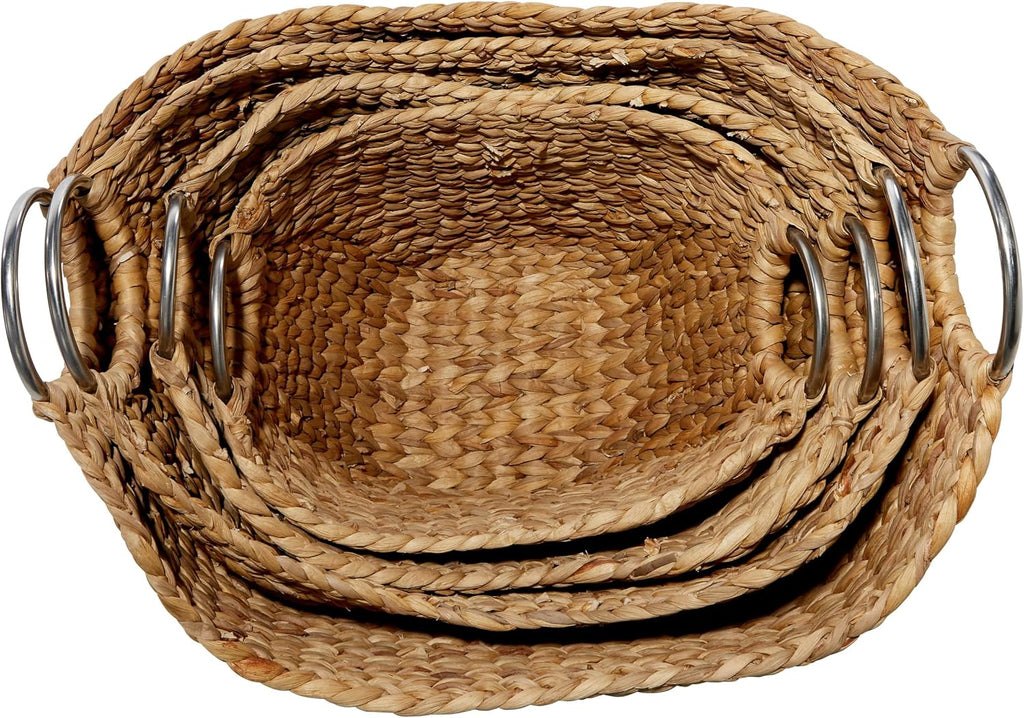 79 Seagrass Handmade Decorative and Functional Storage Basket Woven Curved Basket Organizer with Silver Metal