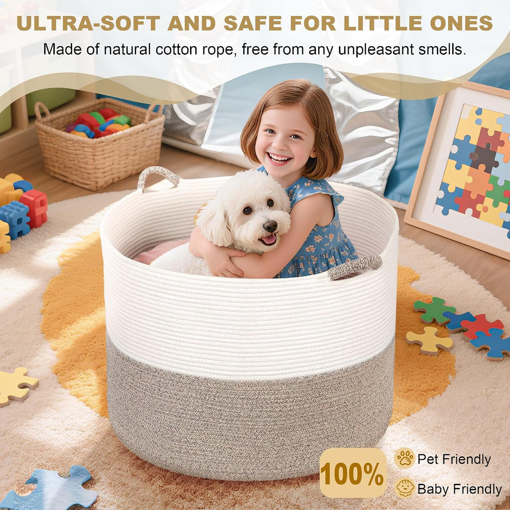 Large Blanket Basket , 21.7" x 13.8" Woven Cotton Rope Laundry Hamper for Pillows, Towels & Toy Storage - Decorative