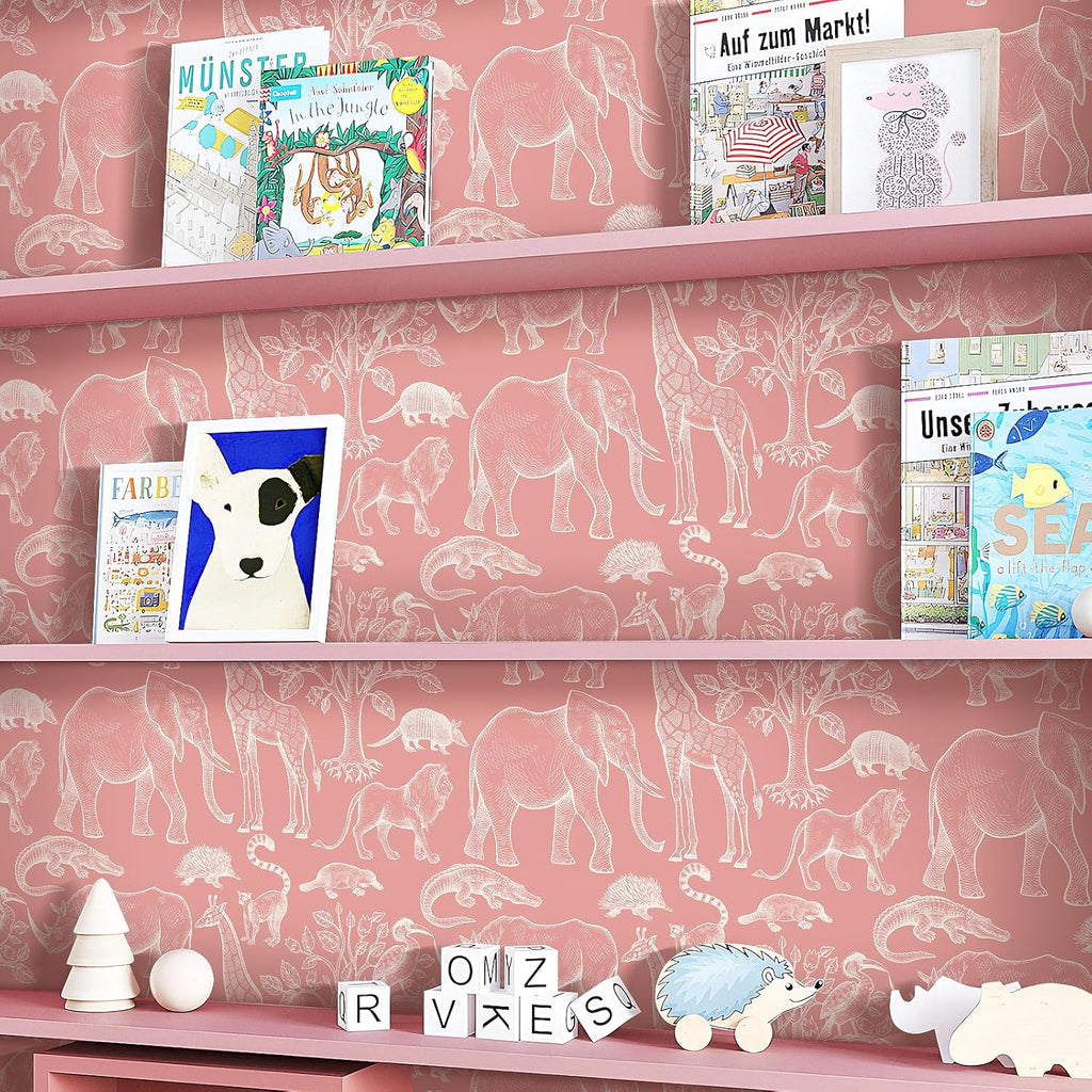 17.5x276 Cute Pink Peel and Stick Wallpaper Giraffe Bird Tree Elephant Animal Wall Paper Mural Girly Pink Contact
