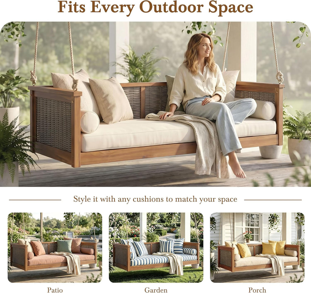 Twin Size Outdoor Porch Swing Bed, Solid Wood Rattan Swing Daybed Frame with Long Ropes , Poolside, Backyard, Teak