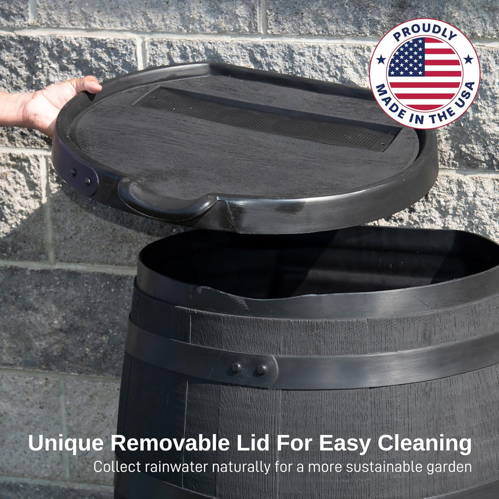 Premium 55-Gallon Eco Rain Barrel with Removable Lid, Flat Back Rain Water Collection Barrel, Made with 100% Recycled