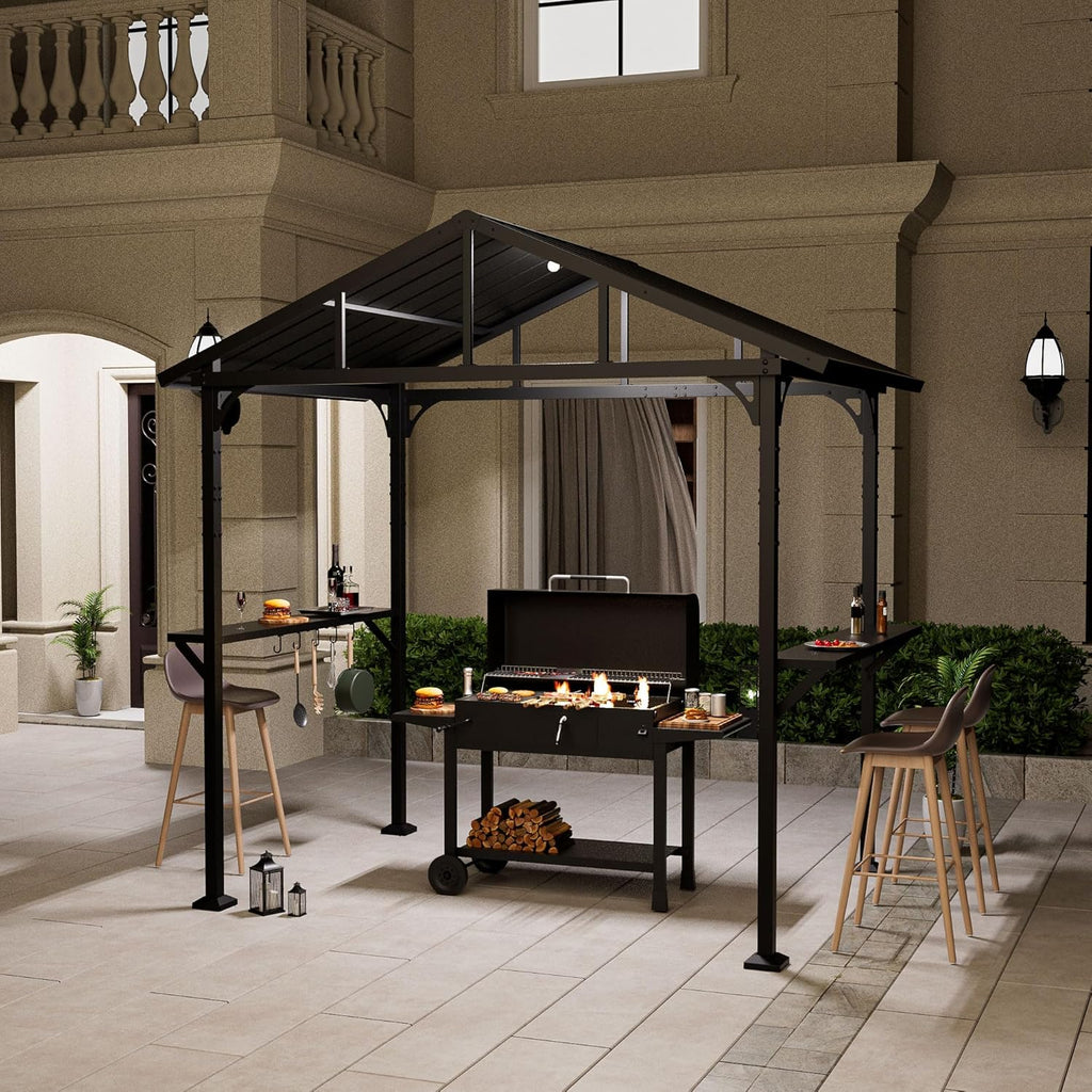 8'x 5' Hardtop Grill Gazebo, Outdoor BBQ Gazebo Metal Roof Canopy with 2 Metal Side Shelves & 5 Tool Hooks for Patio, Garden, Backyard, Poolside (Dark)