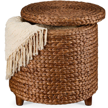 17" Round Storage Ottoman W/Lid, Handwoven Water Hyacinth Footstool, Footrest w/Wooden Legs, Accent Side Table