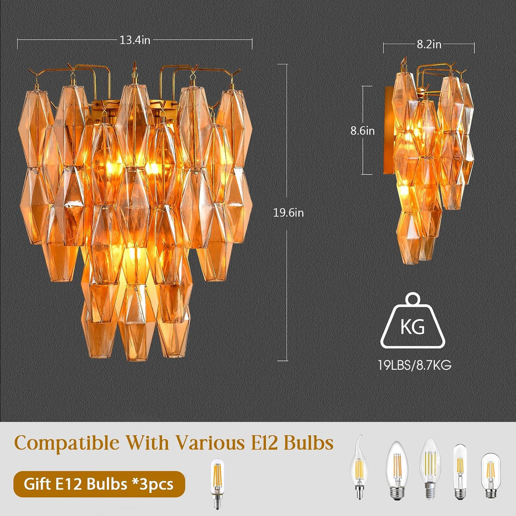 Brass Wall Sconce, Modern Gold Sconce Wall Lighting, Amber Glass Sconces for Bathroom, Luxury Wall Lights for Living Room, Wall Lamp for Bedroom, Vanity Light for Hallway, Staircase