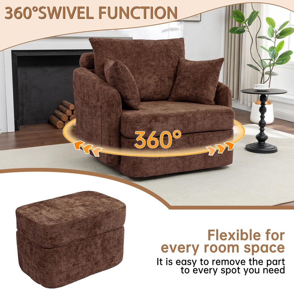 Modern Swivel Lounge Chair and Ottoman — Brown Chenille