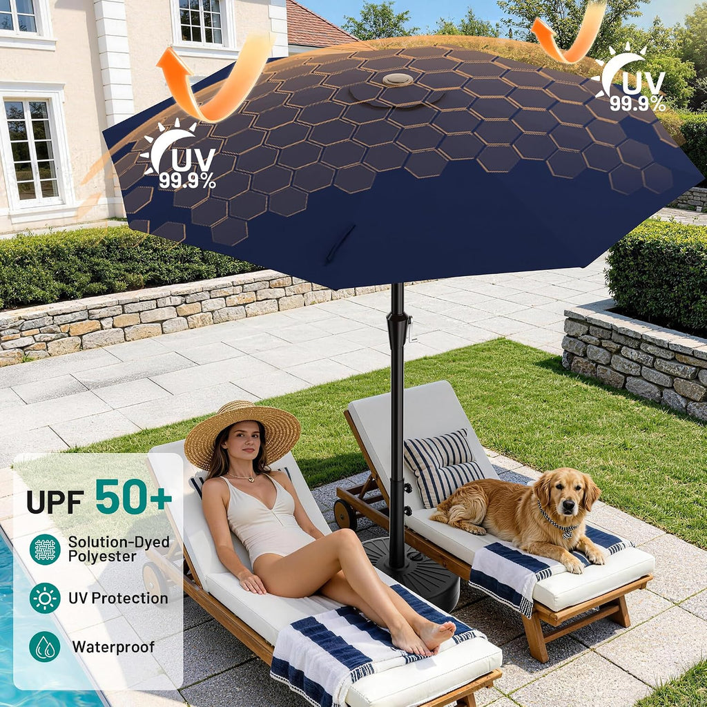 9 FT Patio Umbrella Umbrella with Push Button Tilt and Crank, Outdoor Patio Umbrellas with 8 Sturdy Ribs Pool (Navy)