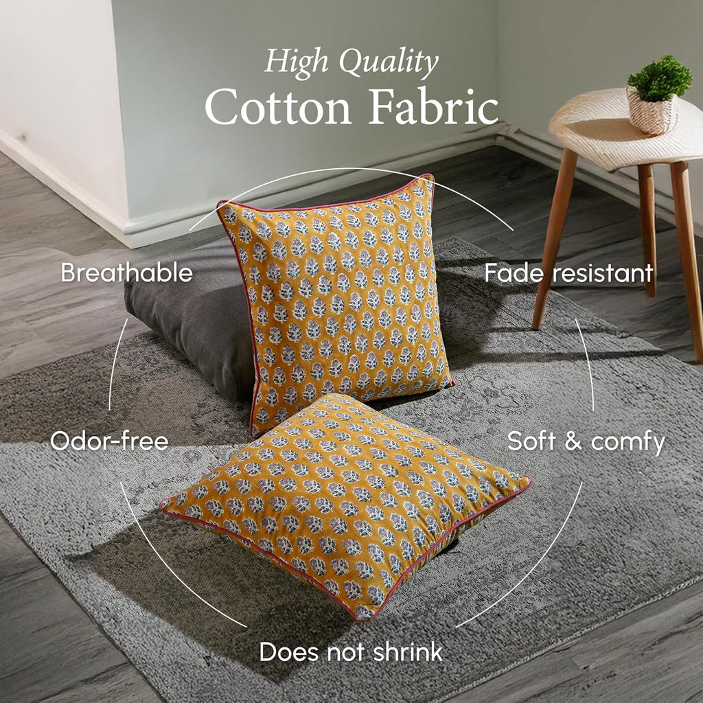 100% Cotton Throw Pillow Covers 20x20 Inch, Set of 2 Yellow Block Print Pattern Couch Pillow, Cute Boho