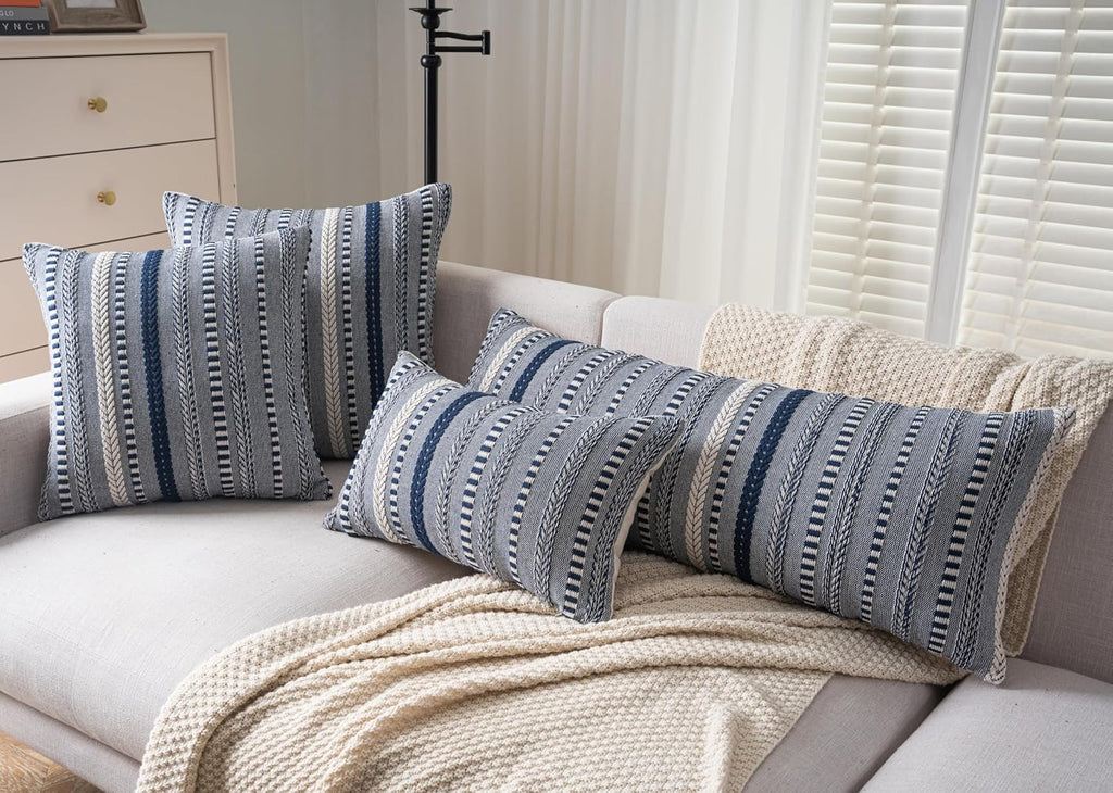 Boho Lumbar Pillow Covers 14x36 Long, Farmhouse Decorative Couch Pillow Cases, Navy Blue Accent Pillows of Bed, Sofa