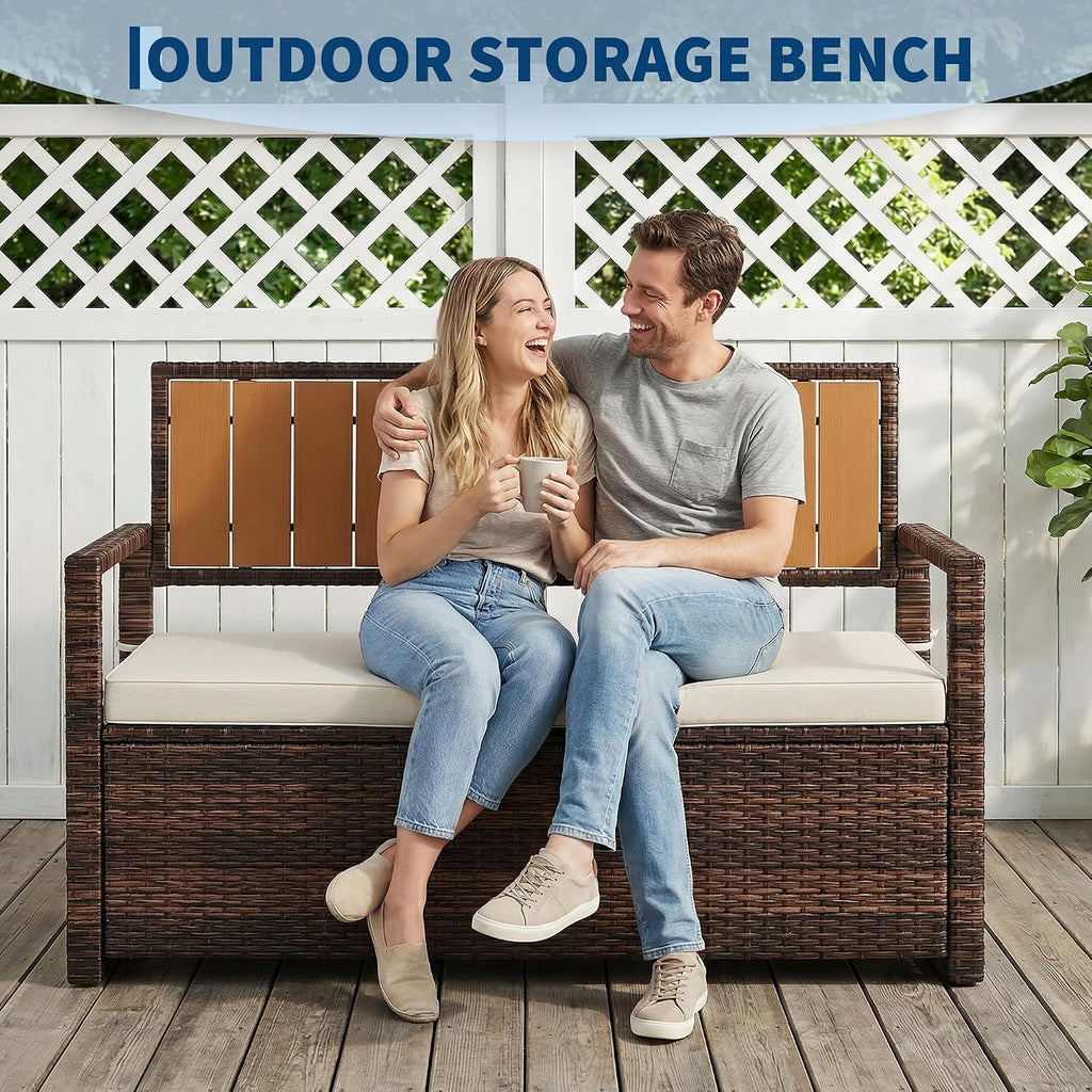 Outdoor Storage Bench with Cushion, 2-Seater PE Rattan Storage Box with Backrest & Armrests, 75 Gallon, 400 lbs