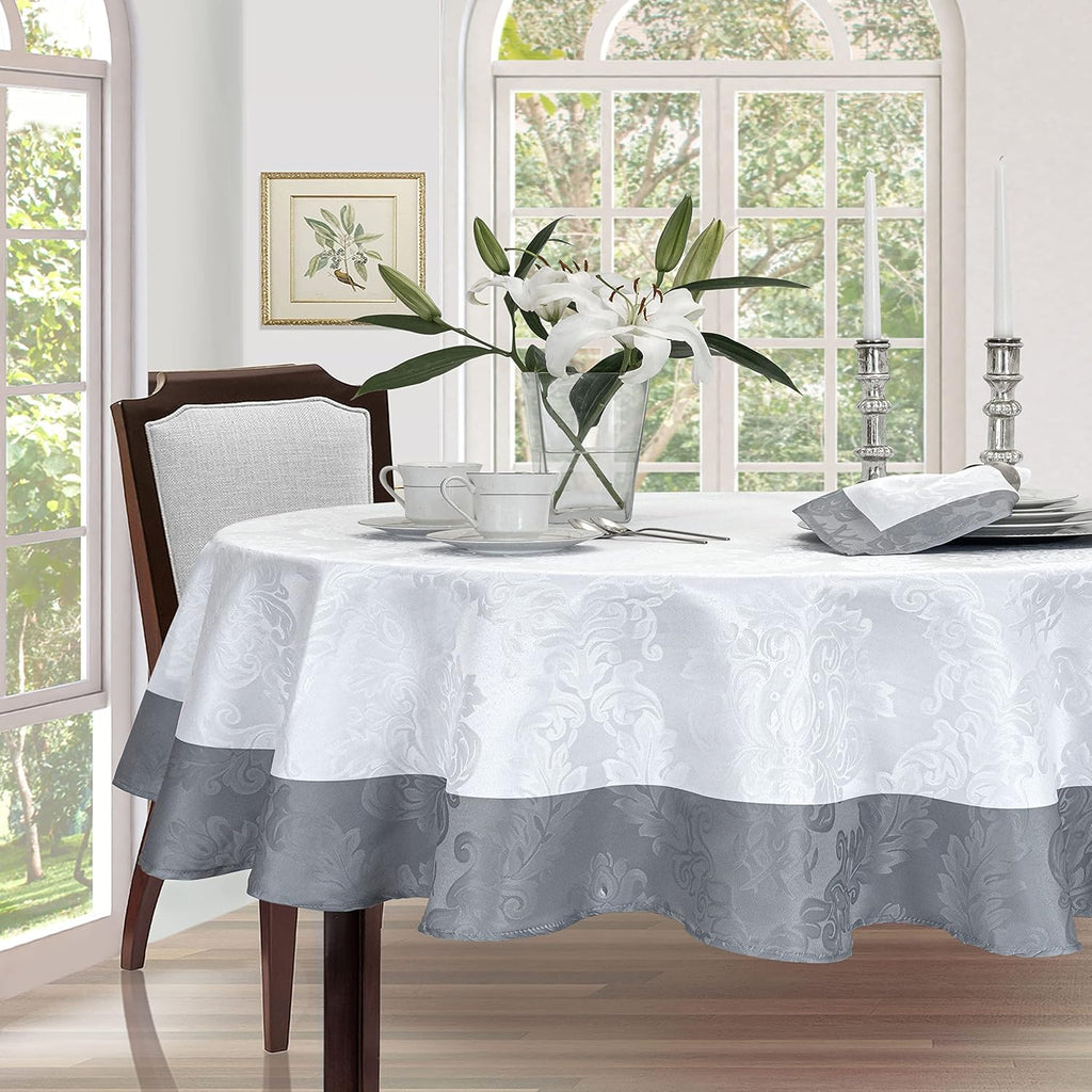 Valencia Two Tone Bordered Damask Fabric Tablecloth, Wrinkle and Stain Resistant Dining Room, Party 