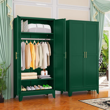 Metal Wardrobe Cabinet with Hanging Rod, Clothing Storage Cabinets | with 2 Doors and Adjustable Shelves, 71" Metal