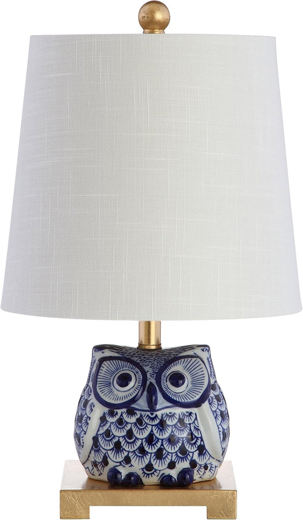 16" Blue/White Ceramic Owl Mini Table Lamp or Office, Modern Farmhouse Nightstand Lamp with White Linen Shade