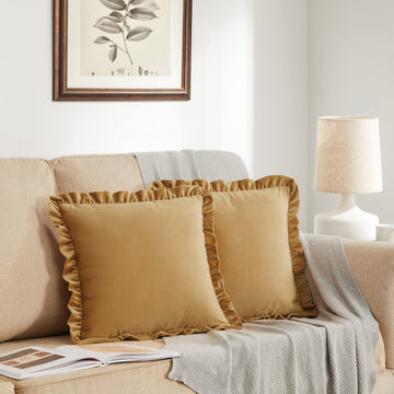 Pack of 2 Mustard Yellow Throw Pillow Covers 20x20 Decorative Ruffle Velvet Cushion Cover for Couch Pillowcase