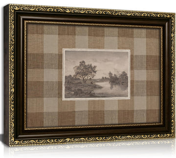 Vintage Gold Framed Landscape Wall Art, River Tree Sketch Canvas Wall Art