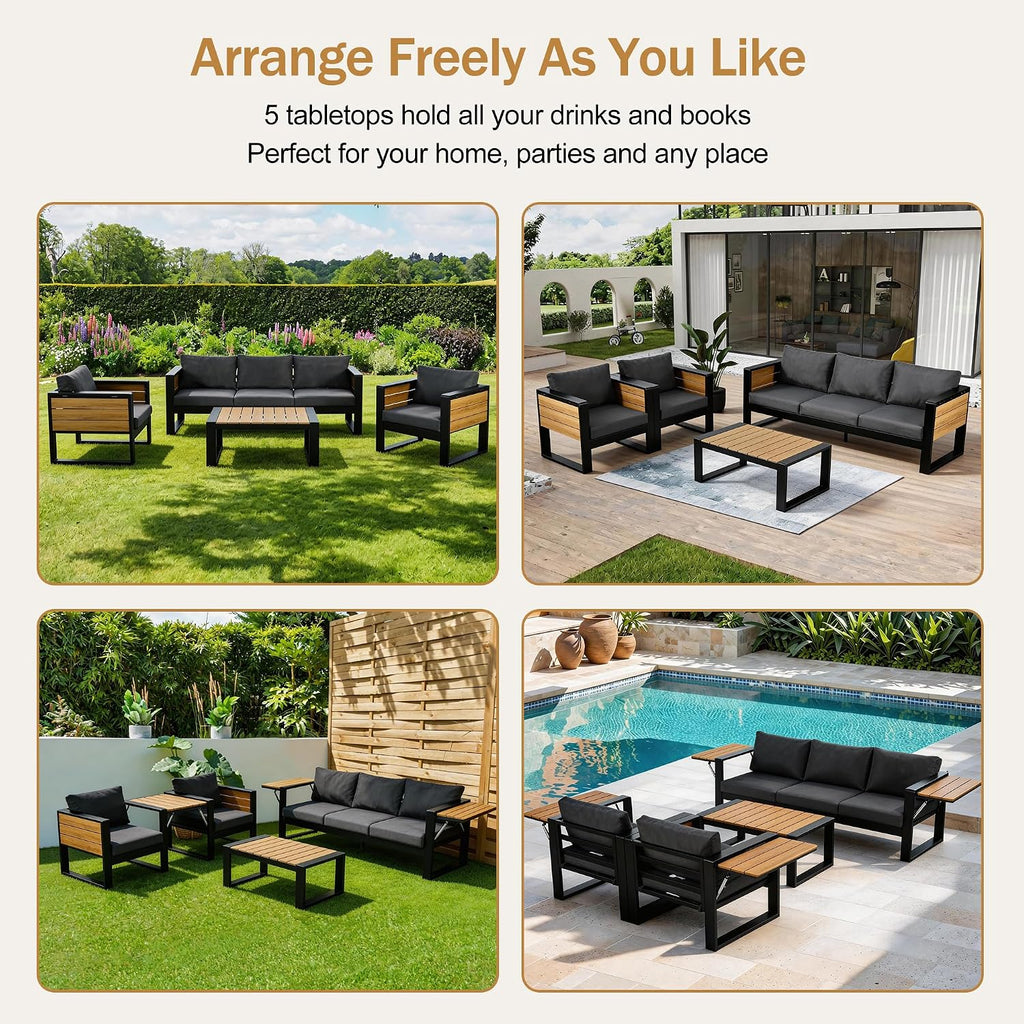 Large 4-Piece Outdoor Patio Furniture Set for 5 Person, 3-Seater Sofa, 2 Armchairs with Fold-Out Side Tables