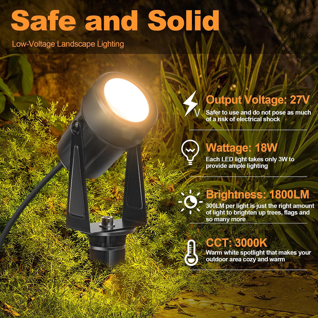 Outdoor Landscape lighting Low Voltage, 65.6FT Wired LED Spot light with Plug-in Transformer, IP65 Waterproof Outside